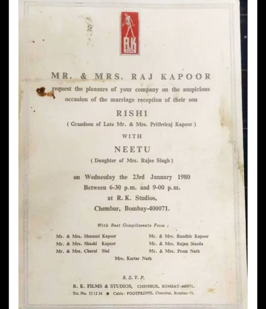 nitu kapoor and rishi kapoor wedding card
